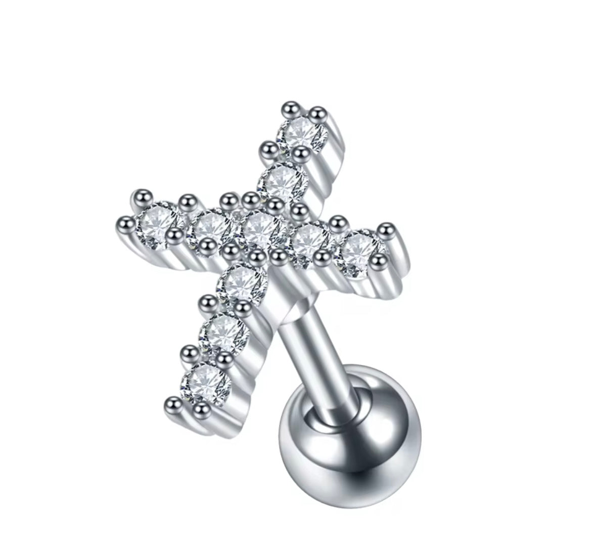 Silver-Tone Crystal Cross Tragus Earring