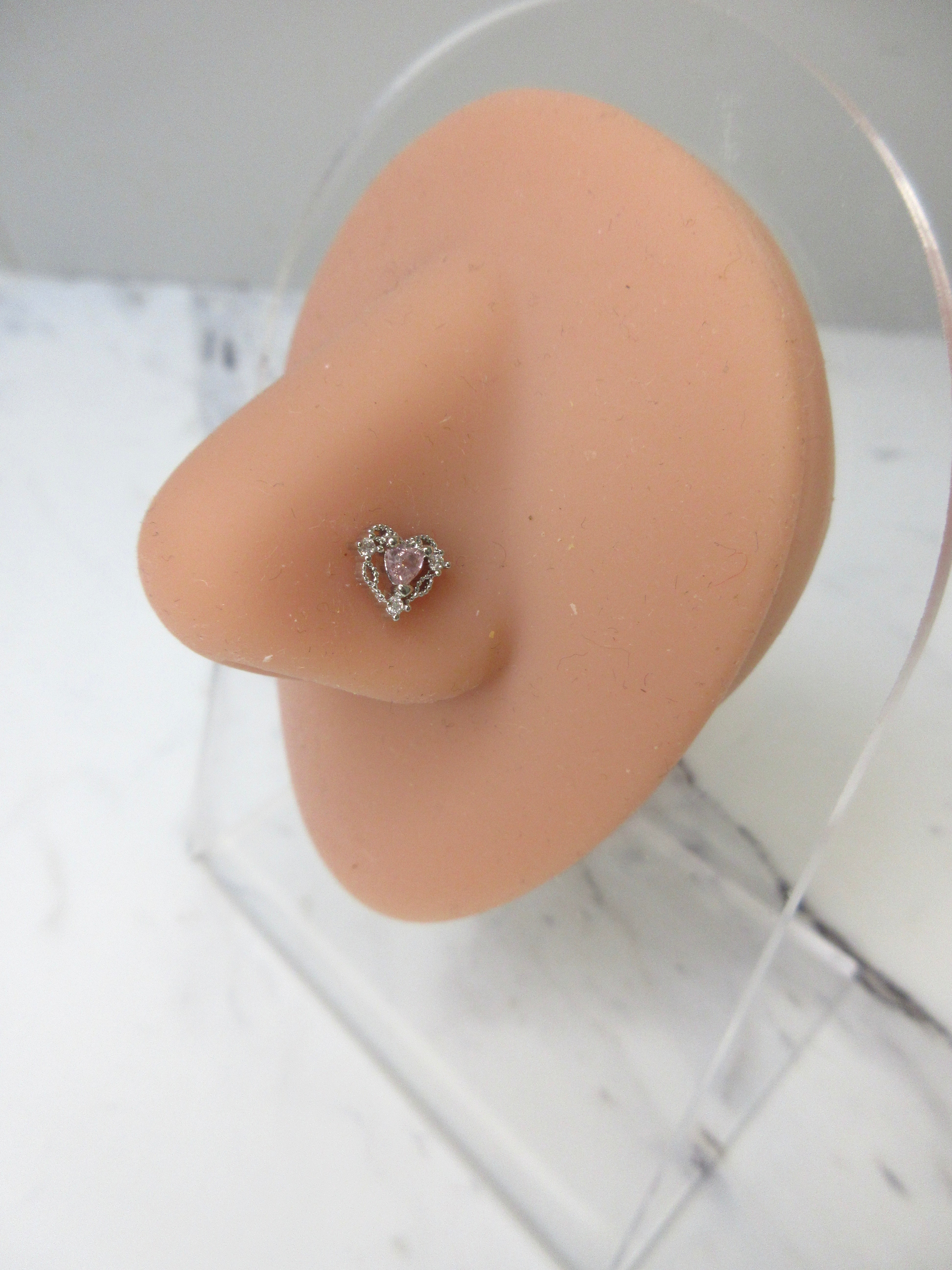 Pink-Sliver Tone Heart Nose Stud
