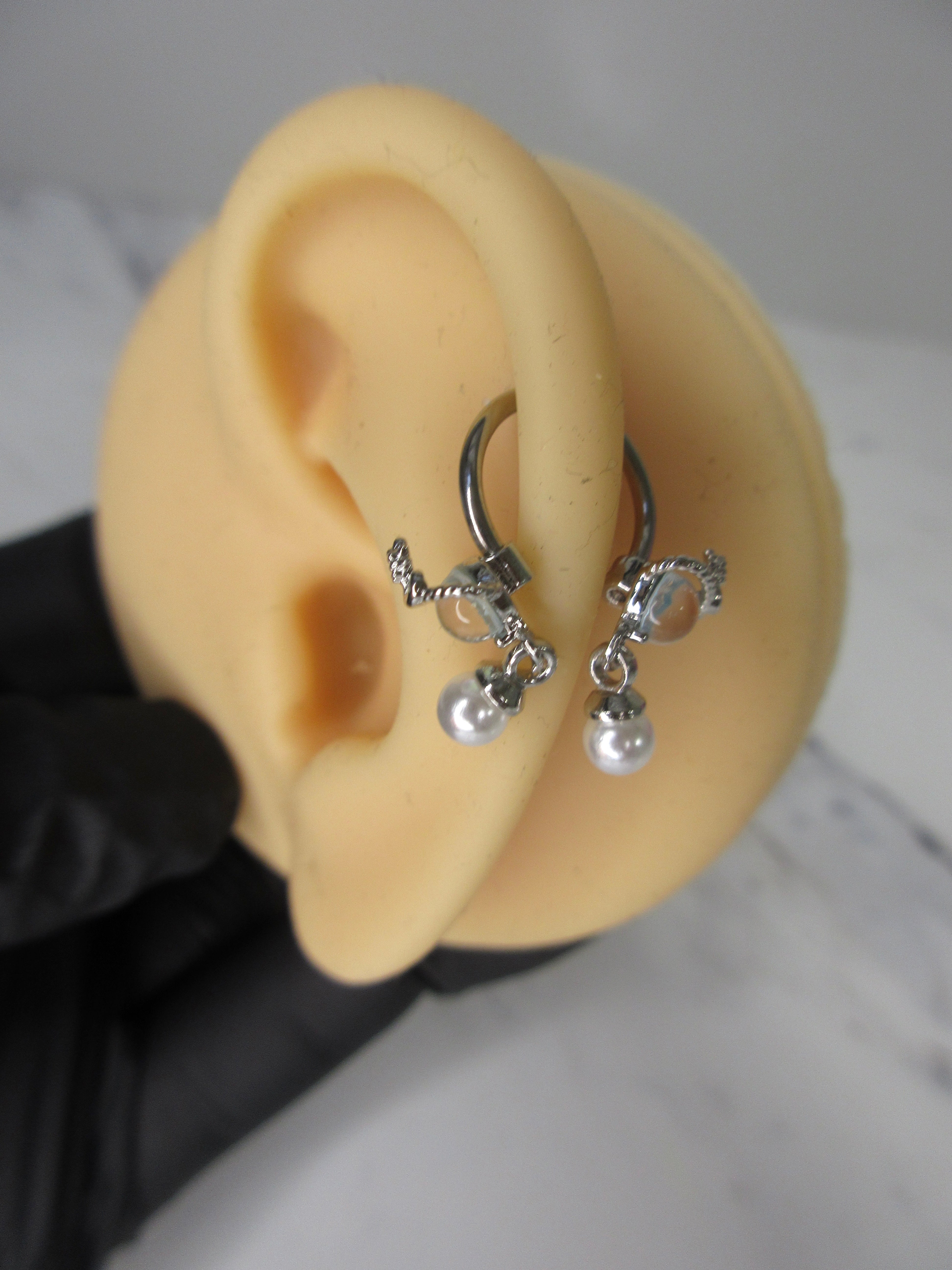 Silver-Tone Opal-Look Septum Ring with Pearl Dangles