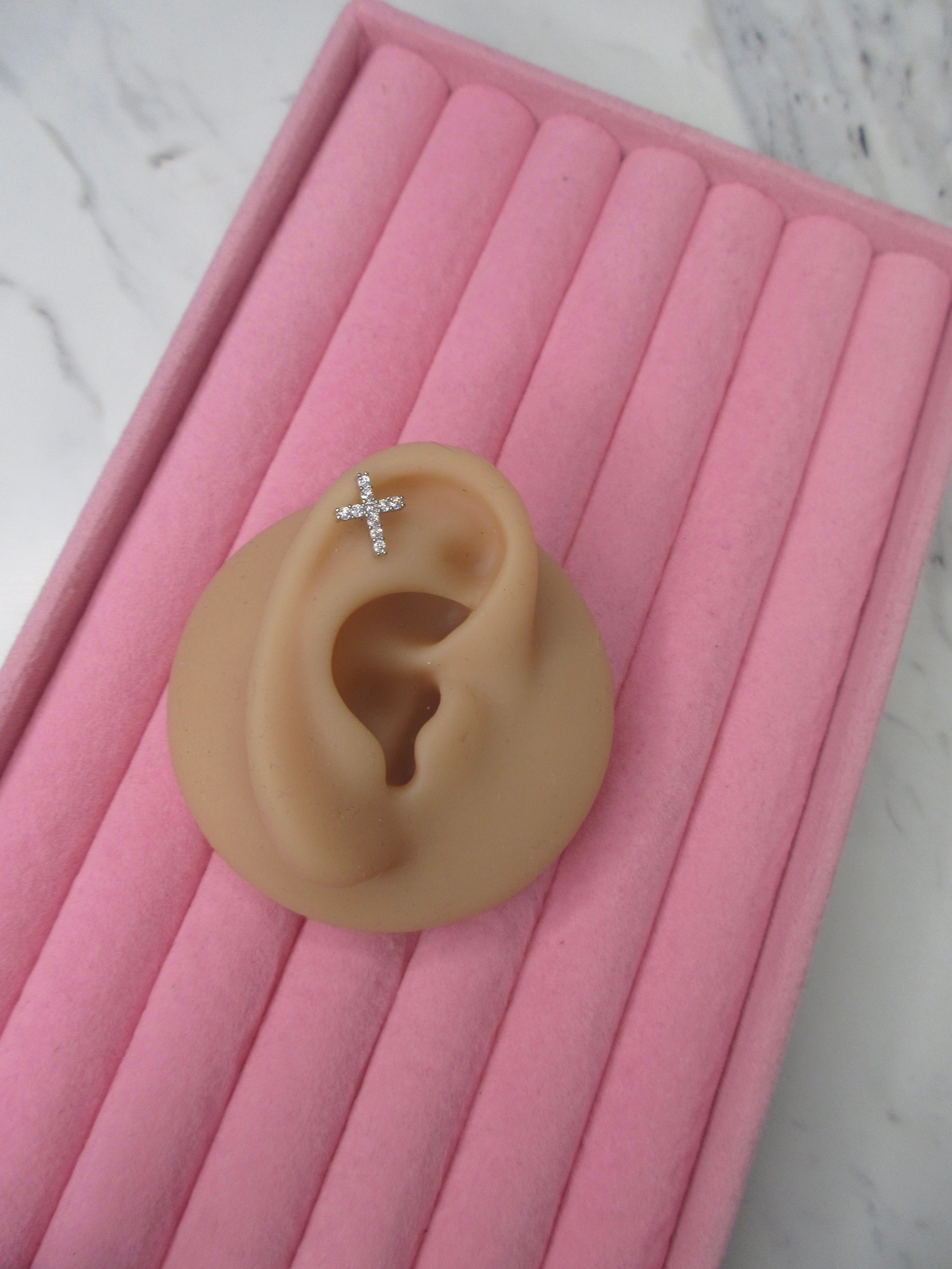 Silver-Tone Crystal Cross Tragus Earring