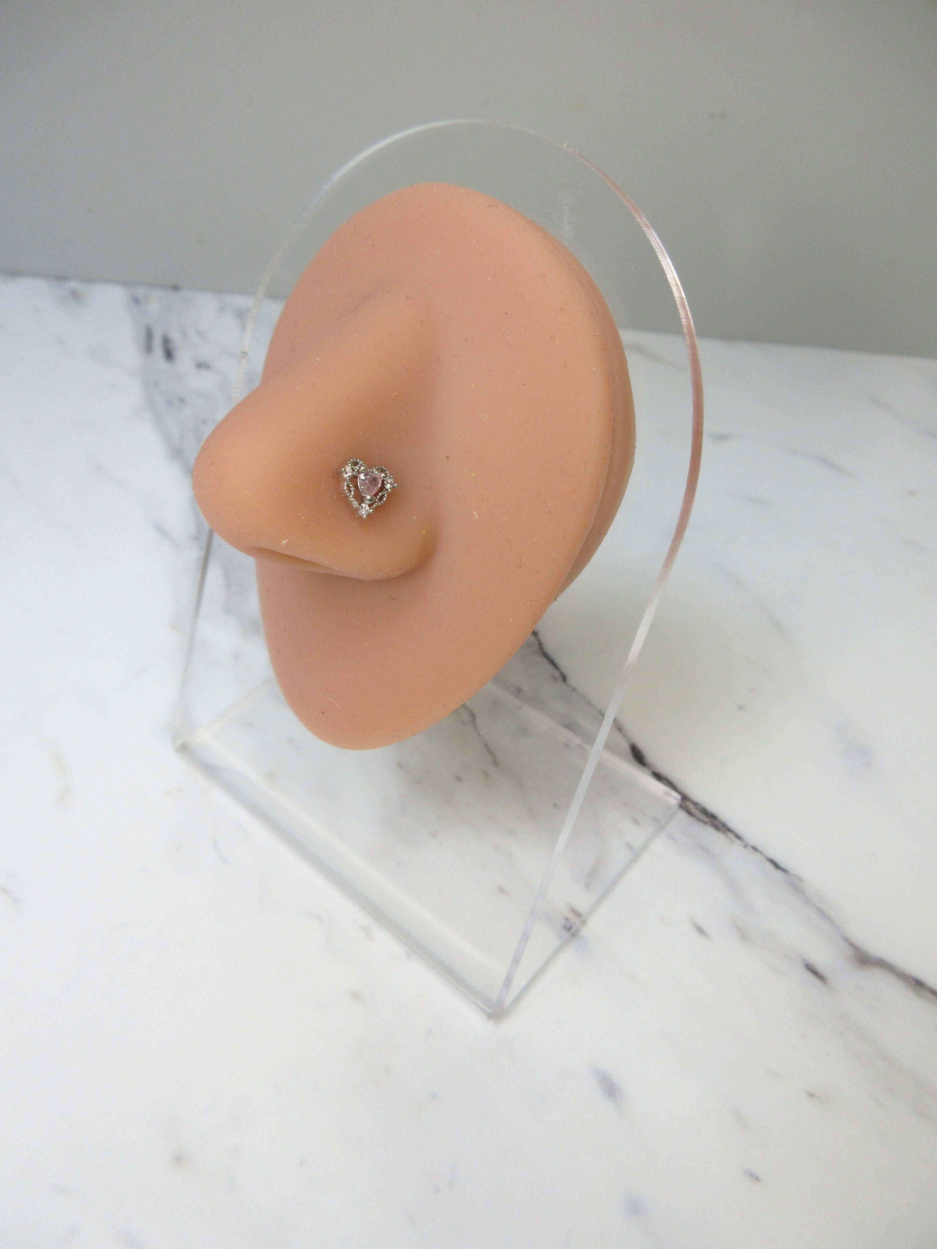 Pink-Sliver Tone Heart Nose Stud